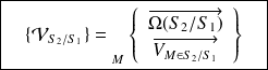 \boxed{\quad \{ \mathcal V_{S_2/S_1} \}={\vphantom{\left\{\begin{array}{ccc}\overrightarrow{\Omega(S_2/S_1)}\\\overrightarrow{V(M\in S_2/S_1)}\\\end{array}\right\}}}_{M} \left \{ \begin{array}{c} \overrightarrow{\Omega(S_2/S_1)} \\ \overrightarrow{V_{M\in S_2/S_1}}\end{array} \right \} \quad}