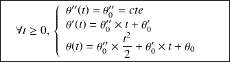 \boxed { \quad \forall t \geq 0, \, \left \{ \begin{array}{l} \theta''(t) = \theta''_0 = cte \\ \theta'(t) = \theta''_0 \times t+\theta'_0 \\ \theta(t) = \theta''_0 \times \frac{t^2}{2}+ \theta'_0 \times t+\theta_0 \quad \end{array} \right . \quad}