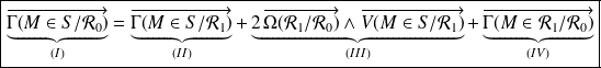 \boxed{ \underbrace{ \overrightarrow{\Gamma(M\in S/\mathcal{R}_0)}} _{(I)} = \underbrace{ \overrightarrow{\Gamma(M\in S/\mathcal{R}_1)} } _{(II)} +\underbrace{ 2 \, \overrightarrow{\Omega(\mathcal{R}_1/ \mathcal{R}_0)} \wedge \overrightarrow{V(M\in S/\mathcal{R}_1)} } _{(III)} + \underbrace{ \overrightarrow{\Gamma(M\in \mathcal{R}_1/\mathcal{R}_0)}} _{(IV)} }